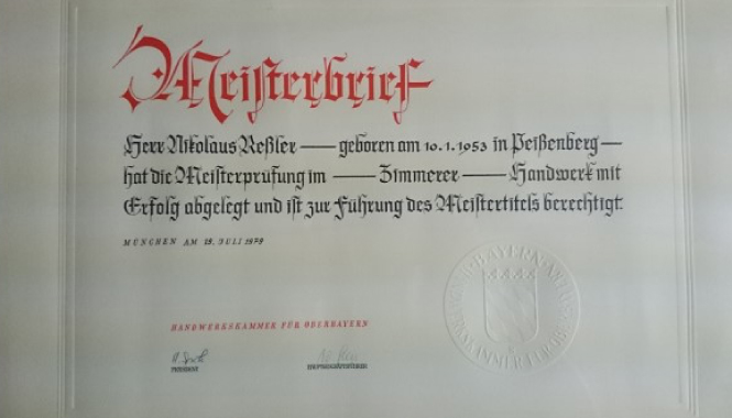 Meisterbrief Johann Ressler